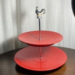 Two-Tier Red Ceramic Serving Stand with Rooster Finial threshold